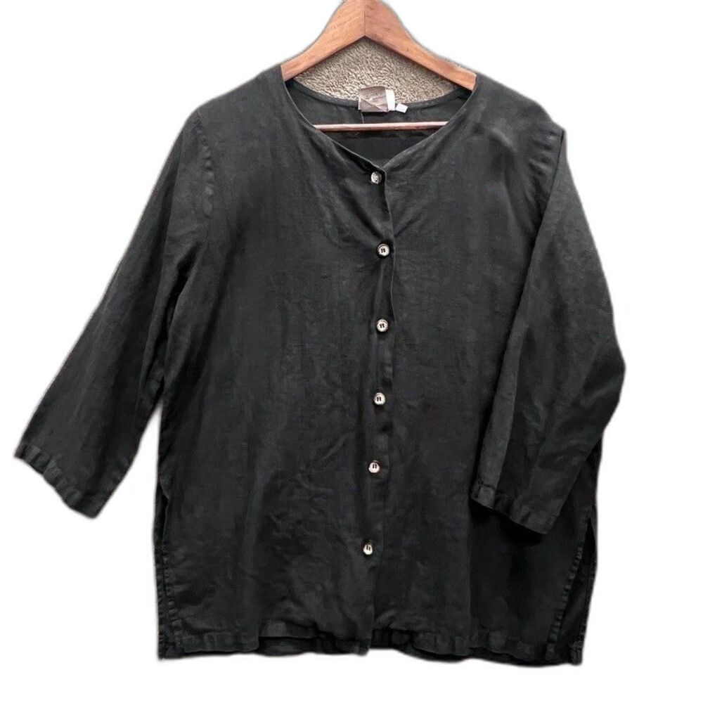HOT COTTON Womens Black Linen Shirt 3/4 Sleeve Size M USA VINTAGE